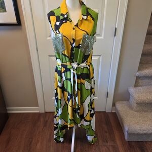 Ashley Stewart Shirt Dress Asymetrical Hem Side Pockets And Belt